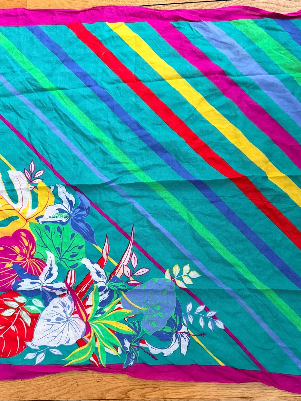 Vintage Teal Floral & Stripe Scarf with Magenta Trim